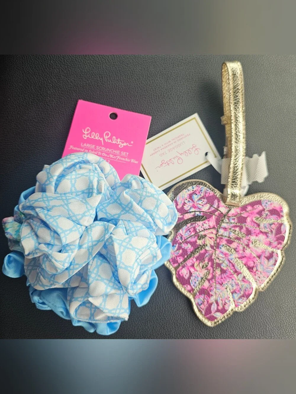 Lilly Pulitzer Blue and White Floral-Style Scrunchie with Pink Leaf Luggage Tag